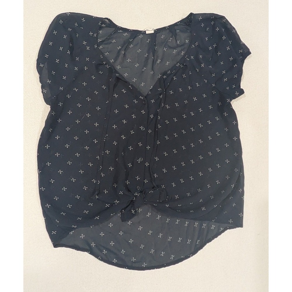 Old Navy Blouse Women Medium Navy Blue Excellent Tie Front Sheer Boho Top